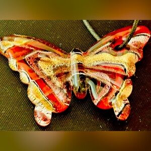 Beachy Coastal Dichroic Glass Butterfly Red Blue Pendant Cord
Necklace 19 in